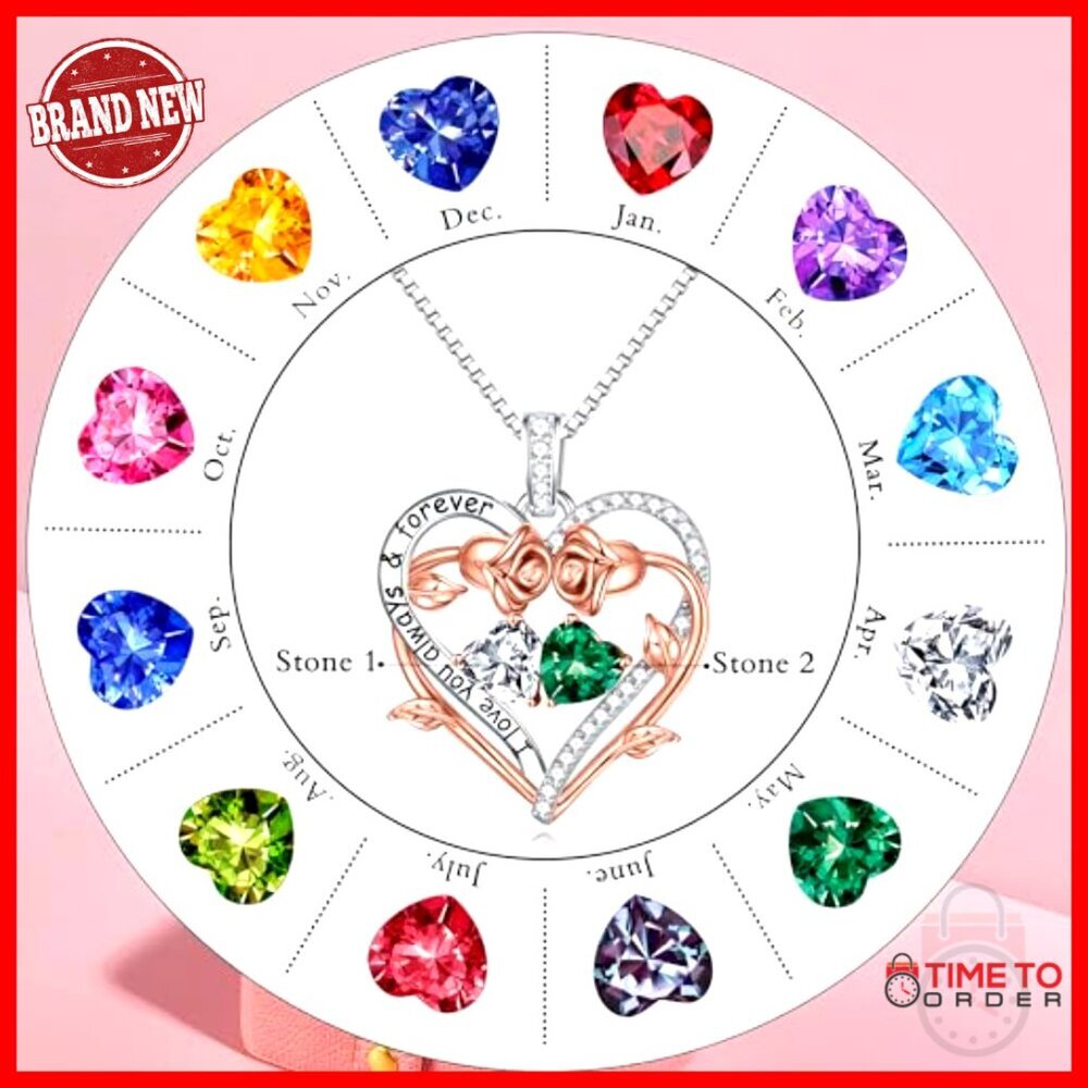 Sterling Silver Double Heart Birthstone Necklace Elegant Pendant Jewelry Gift - Picture 6 of 7